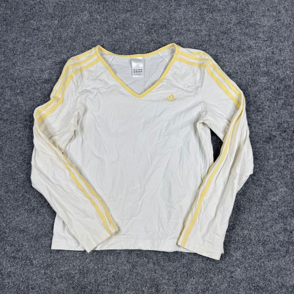 Adidas Long Sleeve Shirt Womens Size M White Yellow 3-Stripe V-Neck Athletic Top